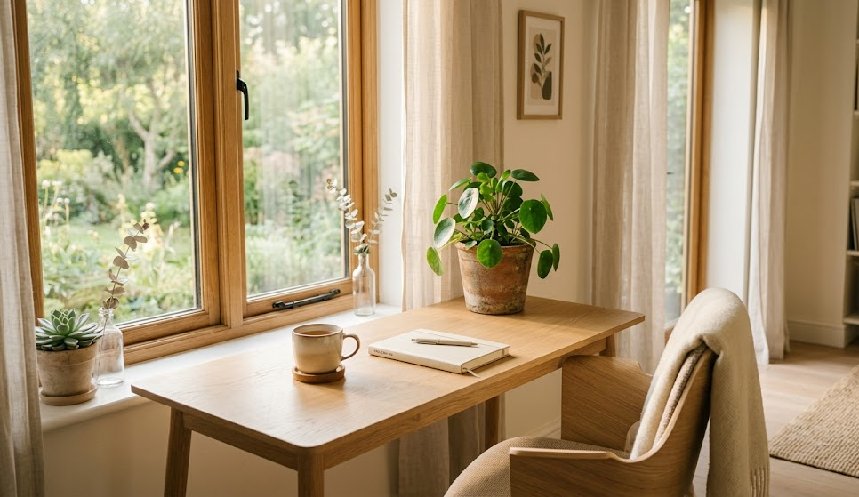A peaceful breakfast scene with oatmeal, fresh berries, yogurt, and herbal tea on a wooden table in soft morning light, wellness lifestyle aesthetic, natural tones, minimal and clean composition