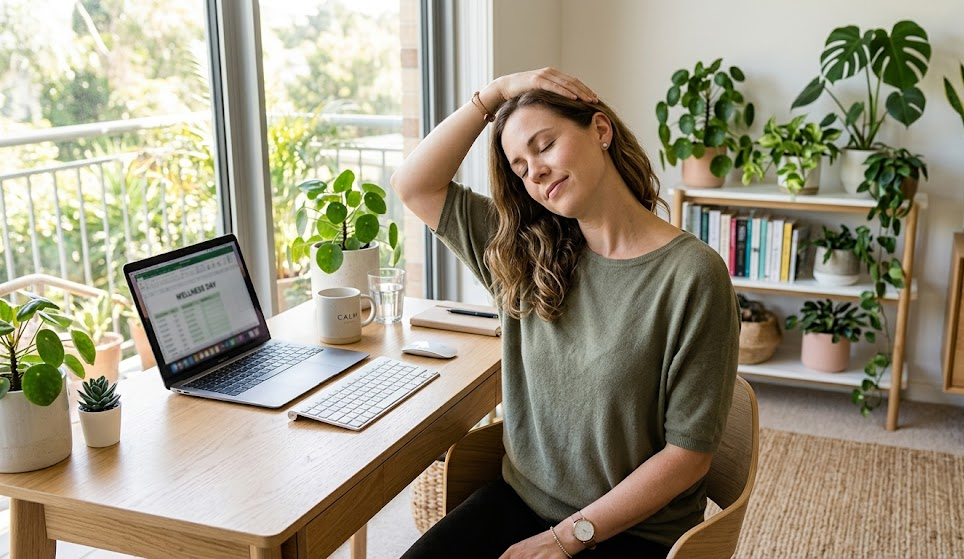 A person taking a peaceful evening walk in a park during golden hour, relaxed wellness atmosphere, soft natural lighting, greenery and calm environment, lifestyle photography style